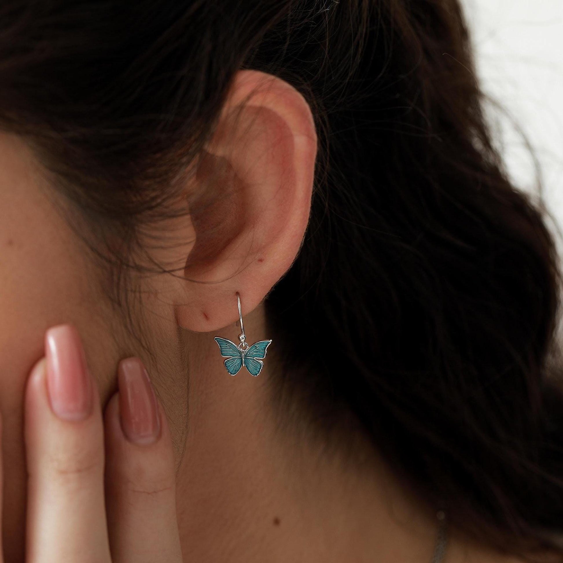 Blue Butterfly Enamel Drop Hook Earrings in Sterling Silver, Aqua Blue Enamel Butterfly Earrings, Insect Animal Earrings, Nature-Inspired