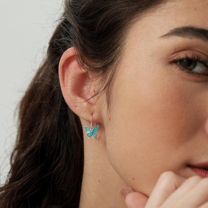 Blue Butterfly Enamel Drop Hook Earrings in Sterling Silver, Aqua Blue Enamel Butterfly Earrings, Insect Animal Earrings, Nature-Inspired