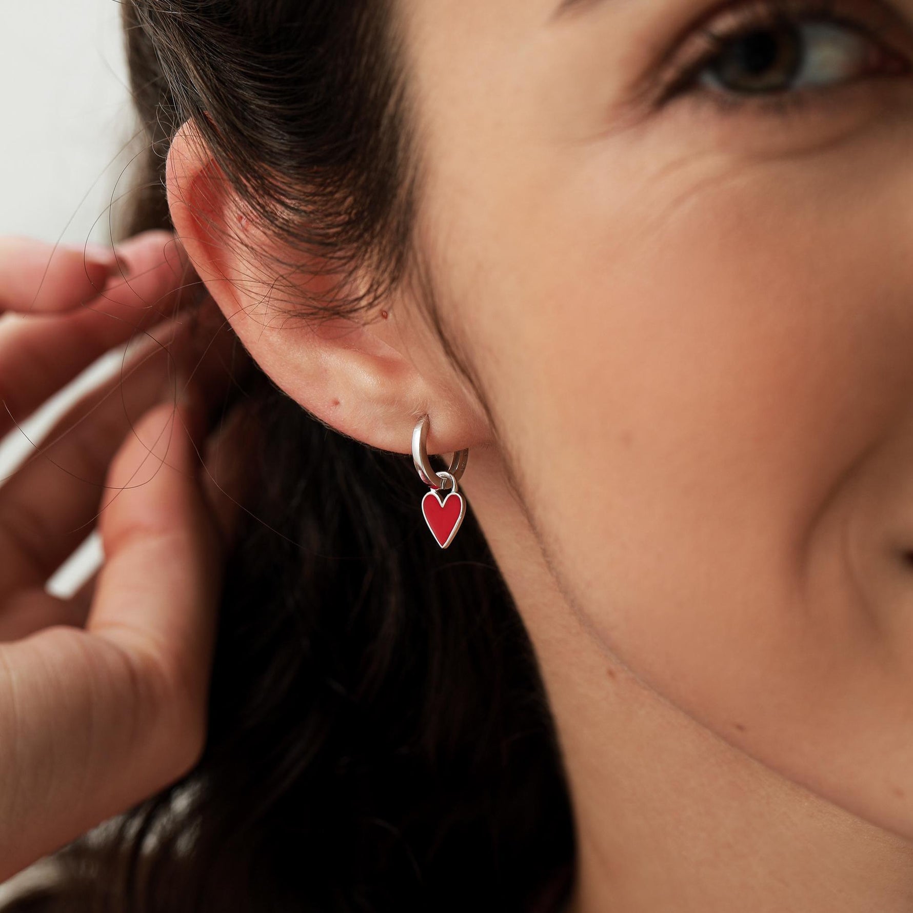 Red Enamel Heart Earrings in Sterling Silver, Detachable Heart Charm Dangle Hoop Earrings, Interchangeable