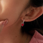 Red Enamel Heart Earrings in Sterling Silver, Detachable Heart Charm Dangle Hoop Earrings, Interchangeable