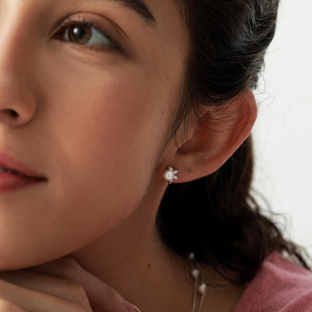 Genuine Freshwater Pearl with Marquise CZ Stud Earrings in Sterling Silver, Delicate Tiny Pearl and CZ Earrings, Genuine Pearls.