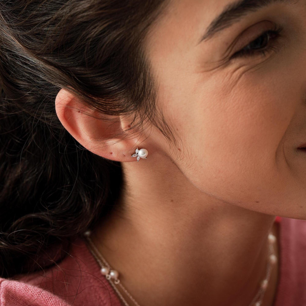 Genuine Freshwater Pearl with Marquise CZ Stud Earrings in Sterling Silver, Delicate Tiny Pearl and CZ Earrings, Genuine Pearls.