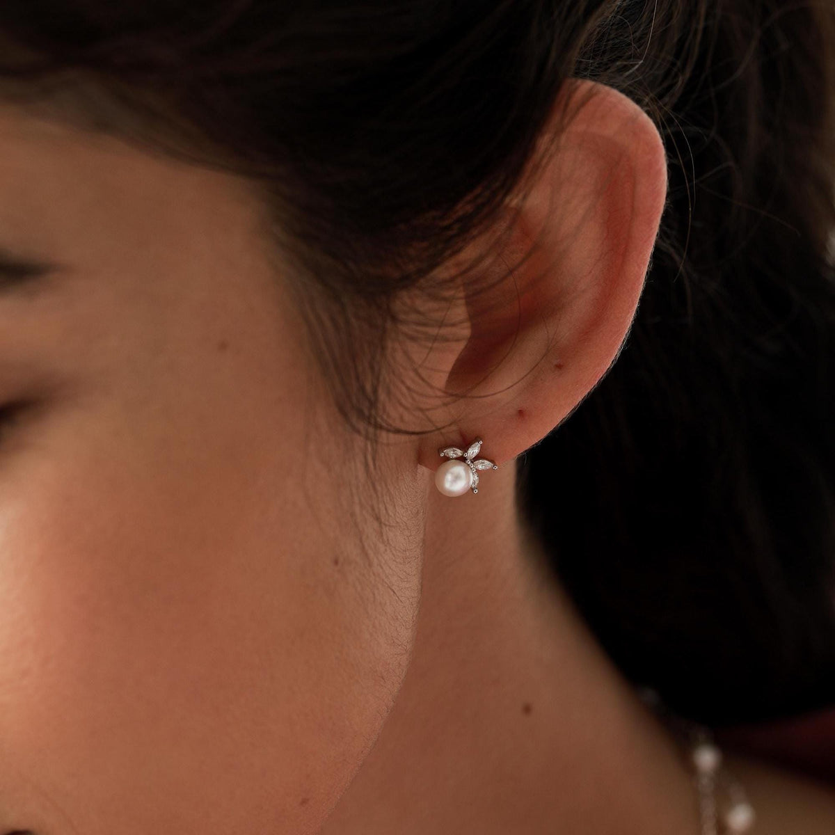 Genuine Freshwater Pearl with Marquise CZ Stud Earrings in Sterling Silver, Delicate Tiny Pearl and CZ Earrings, Genuine Pearls.