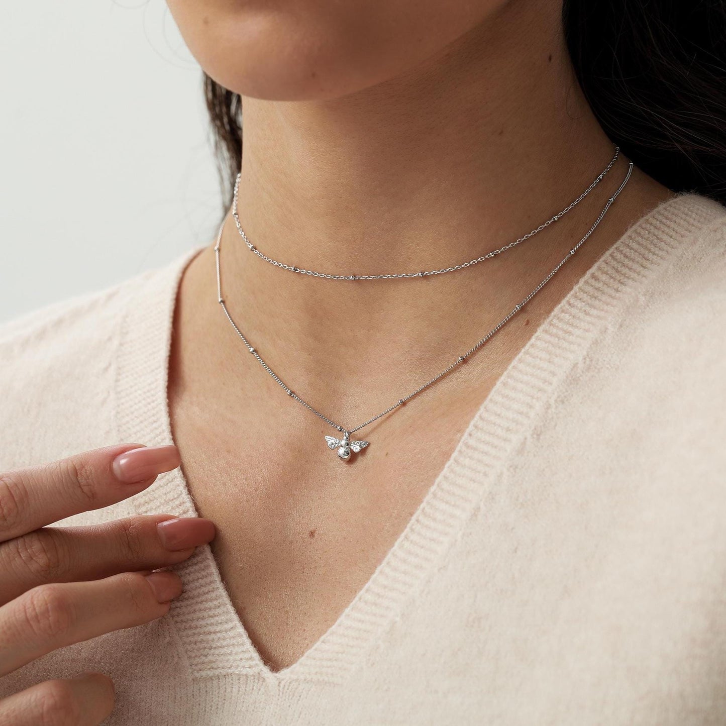 Tiny Bumble Bee Pendant Necklace in Sterling Silver, Silver or Gold, Beaded Chain Bee Necklace, Satellite Chain, Nature Inspired