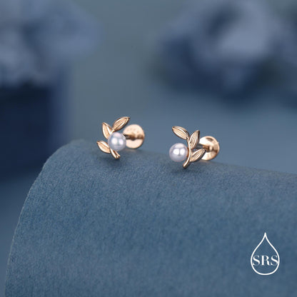 Sterling Silver Pearl Leaf 16G Flat Back Earrings Internally Threaded