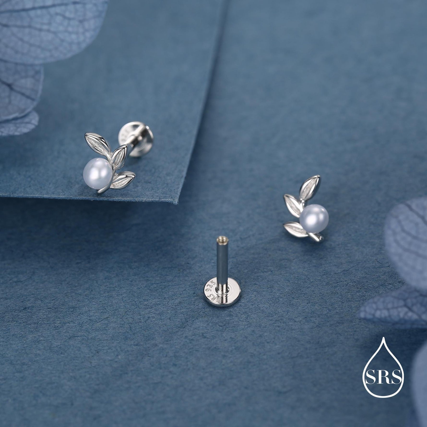 Sterling Silver Pearl Leaf 16G Flat Back Earrings Internally Threaded
