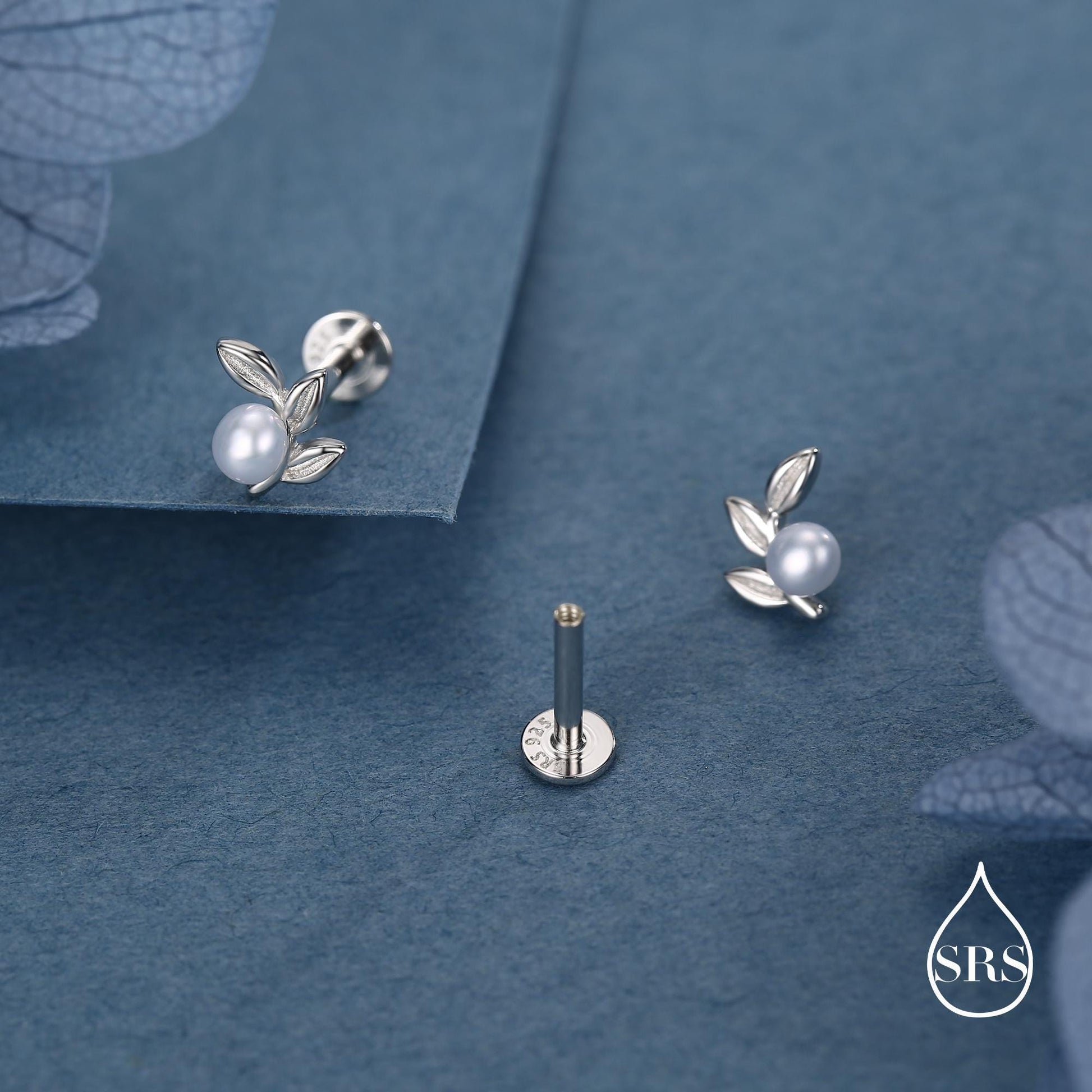 Sterling Silver Pearl Leaf 16G Flat Back Earrings Internally Threaded