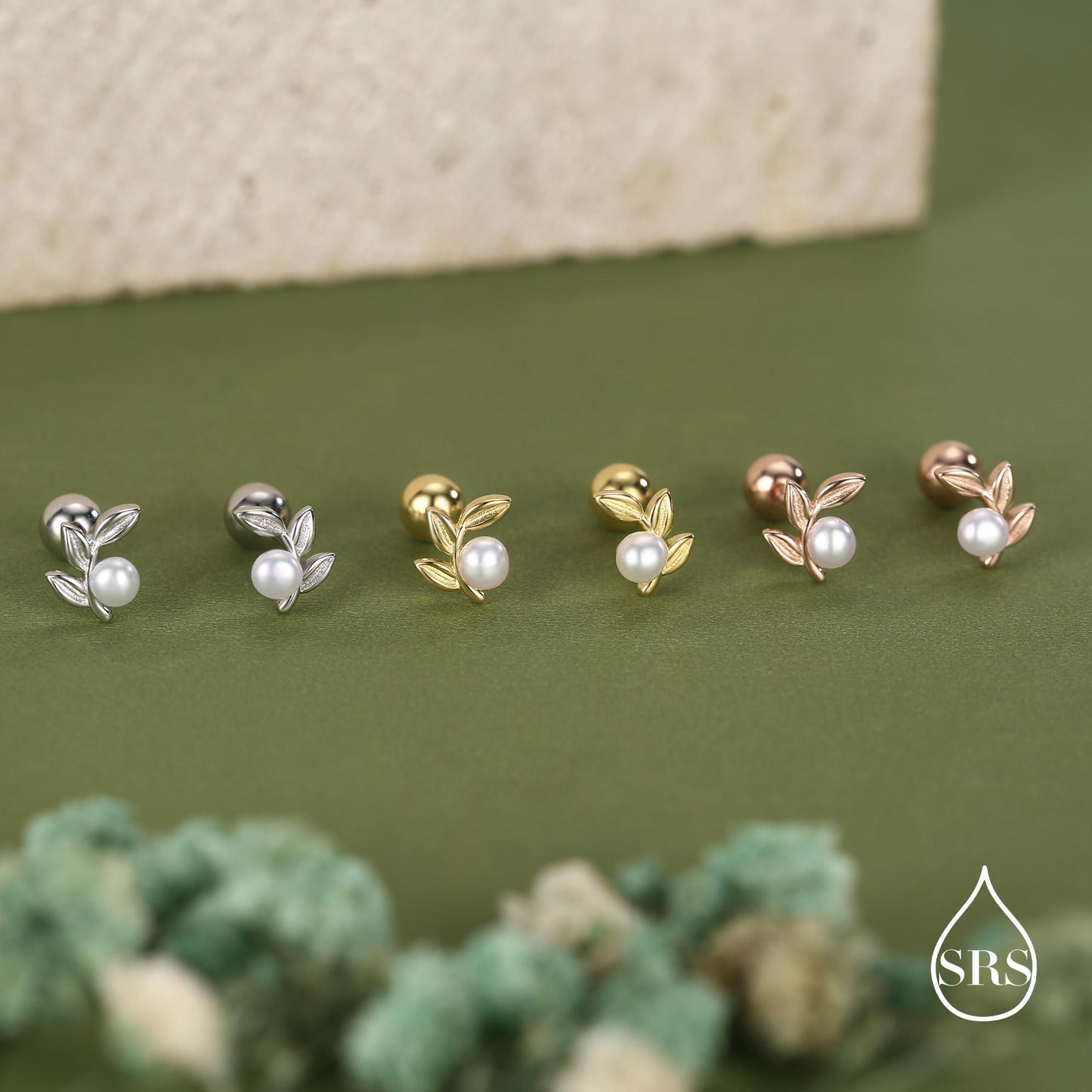 Sterling Silver Pearl Leaf Screw Back Earrings with Ball Backs