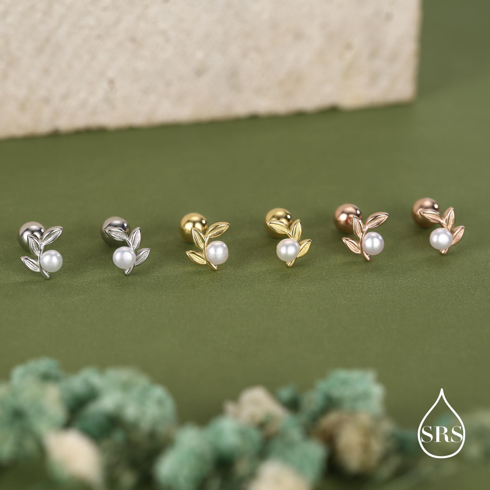 Sterling Silver Pearl Leaf Screw Back Earrings with Ball Backs