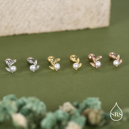 Sterling Silver Pearl Leaf Screw Back Earrings with Ball Backs