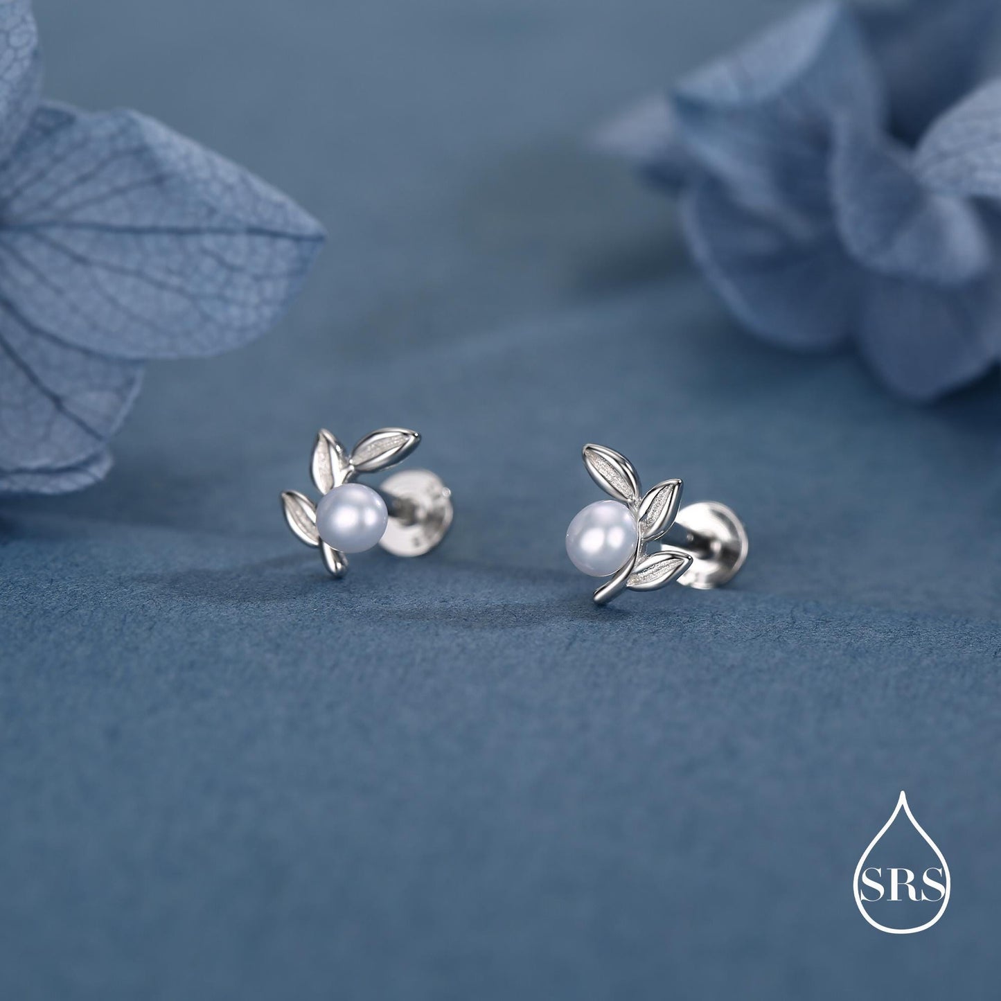 Sterling Silver Pearl Leaf 16G Flat Back Earrings Internally Threaded