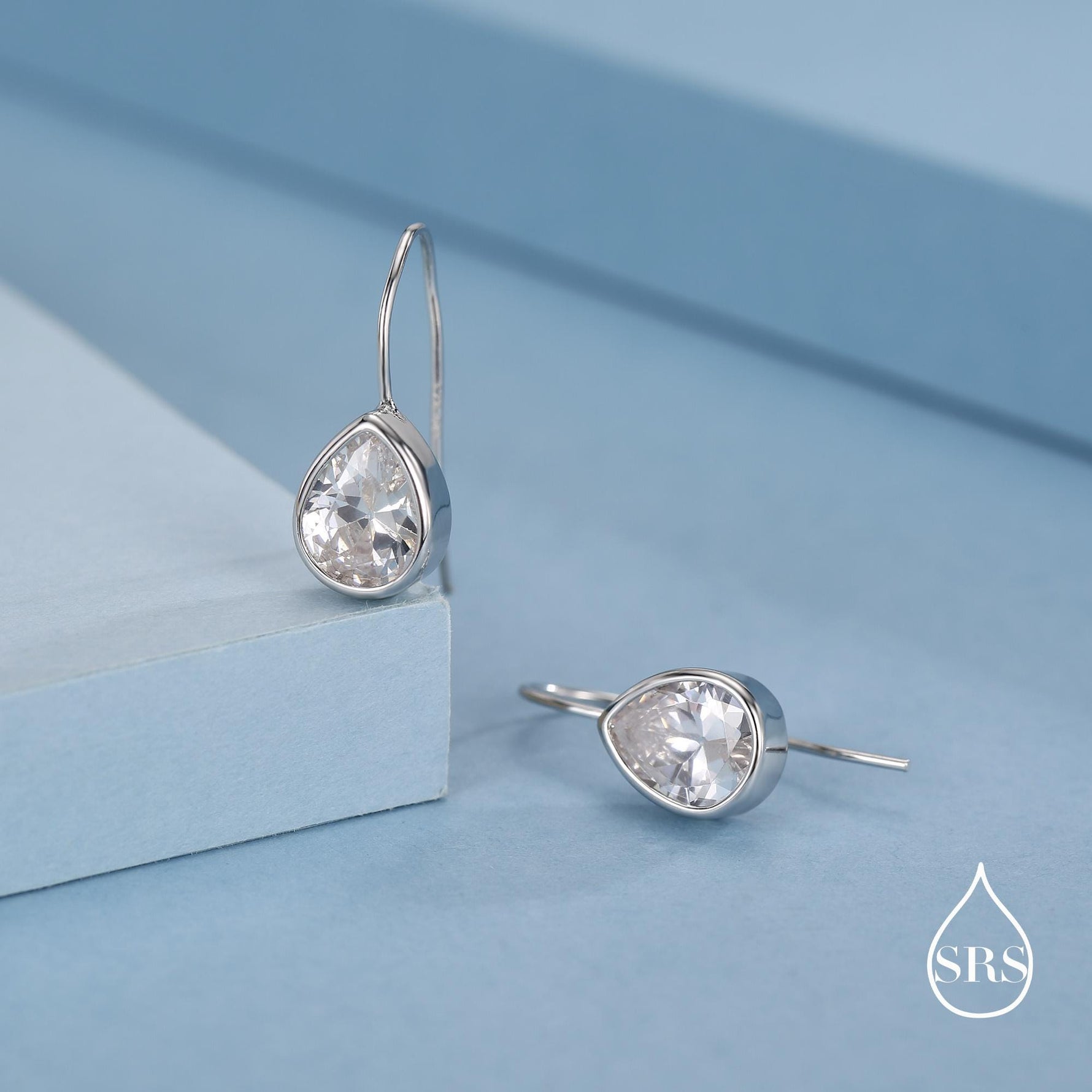Sterling Silver CZ Droplet Drop Earrings in Sterling Silver, Silver or Gold, Chunky Pear Shape Hook Earrings