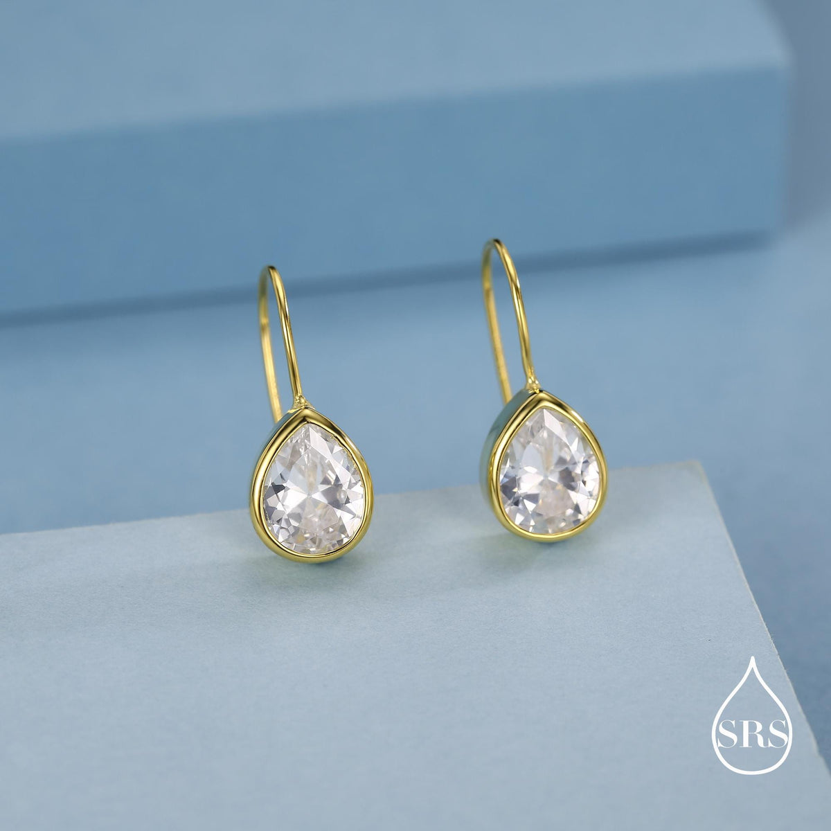 Sterling Silver CZ Droplet Drop Earrings in Sterling Silver, Silver or Gold, Chunky Pear Shape Hook Earrings