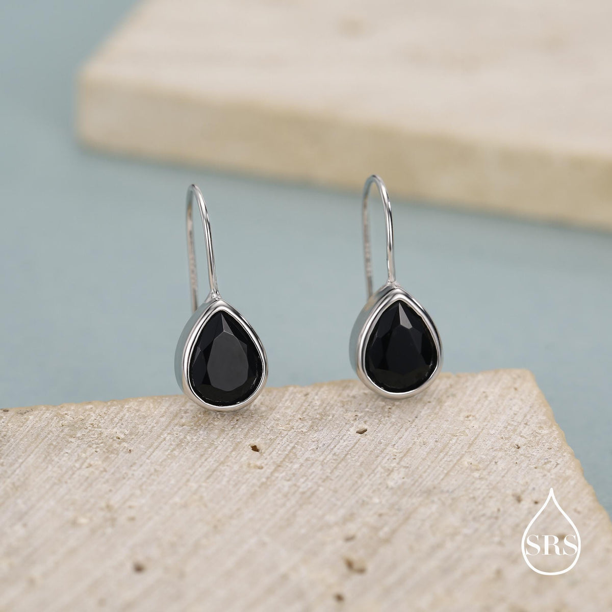 Sterling Silver Onyx Black CZ Droplet Drop Earrings in Sterling Silver, Silver or Gold, Chunky Pear Shape Hook Earrings