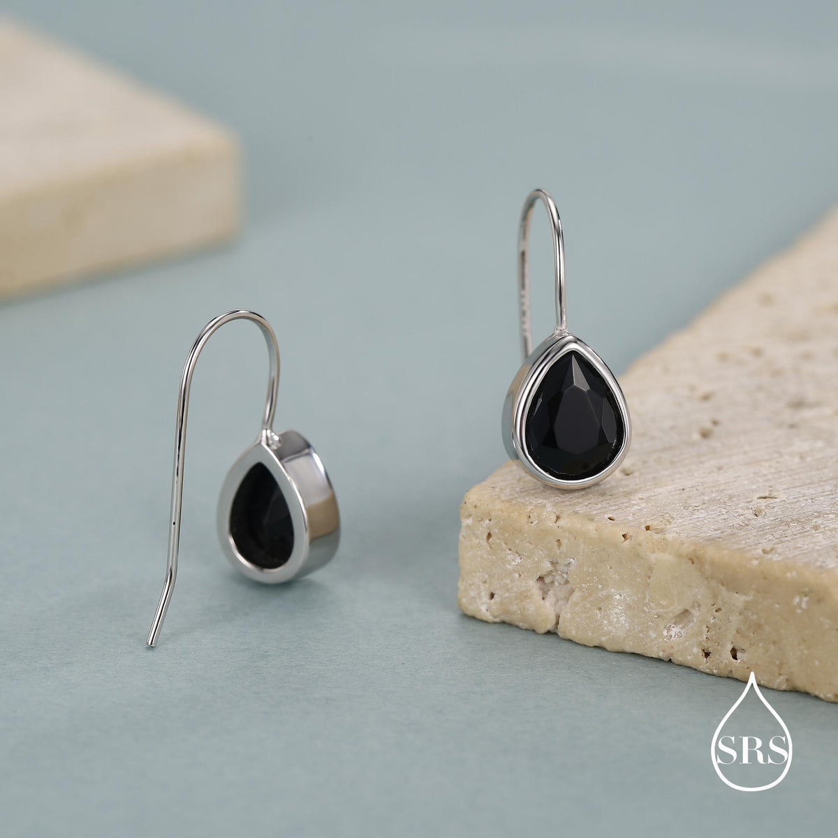 Sterling Silver Onyx Black CZ Droplet Drop Earrings in Sterling Silver, Silver or Gold, Chunky Pear Shape Hook Earrings