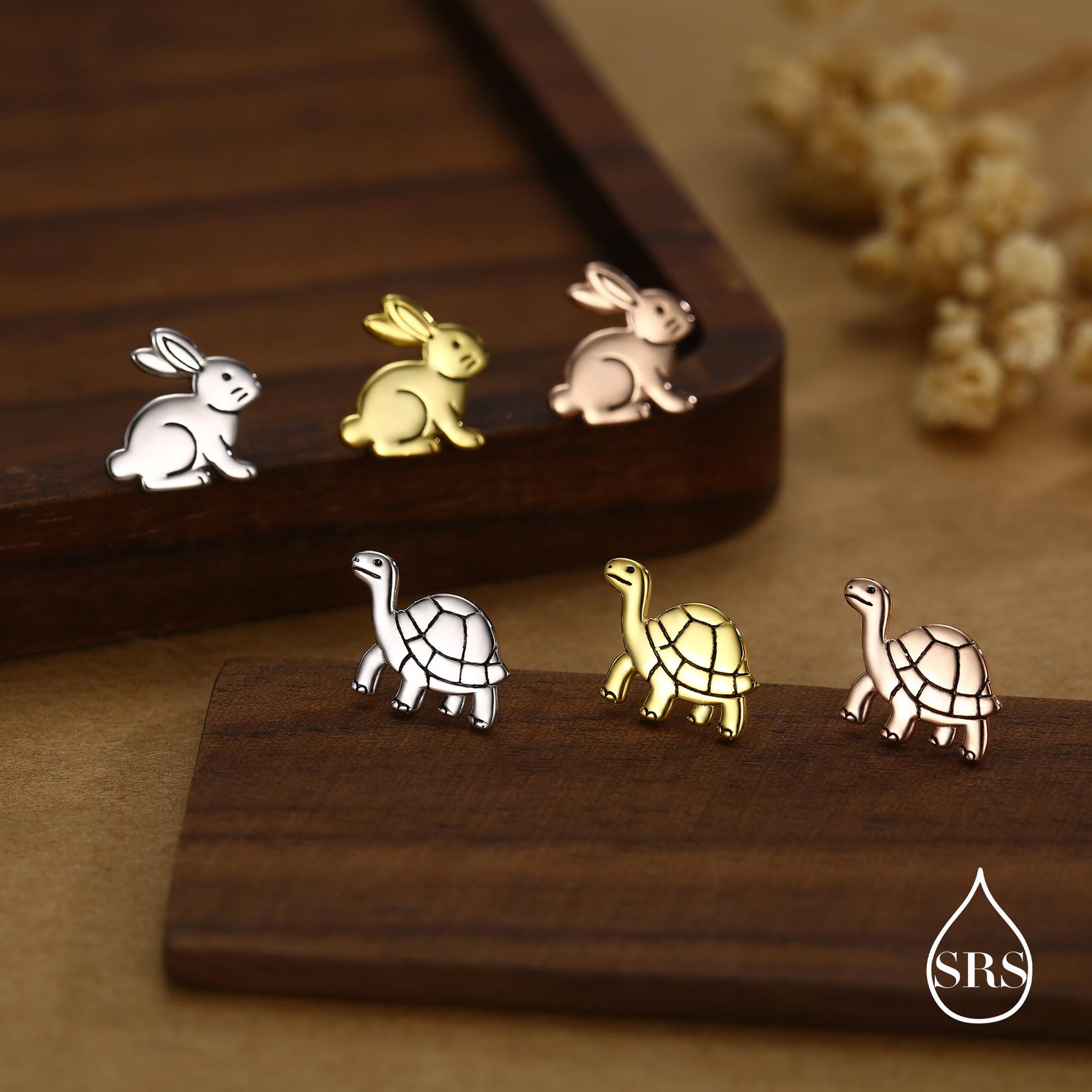 Sterling Silver Rabbit and Tortoise Mismatched Stud Earrings