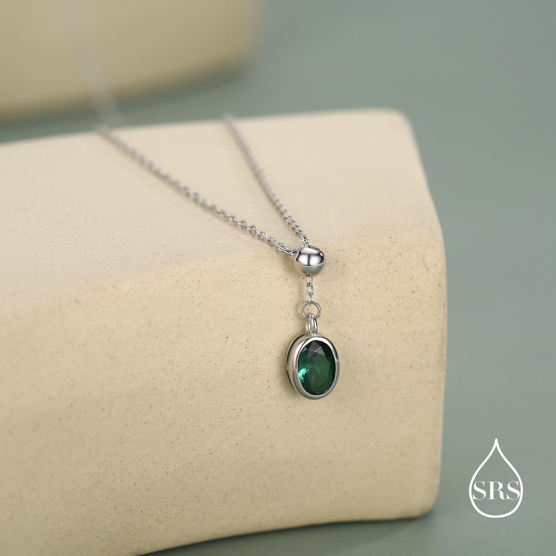 Delicate Emerald Green Oval CZ Lariat Pendant Necklace in Sterling Silver, Silver or Gold, Minimalist Oval Shape CZ Adjustable Necklace
