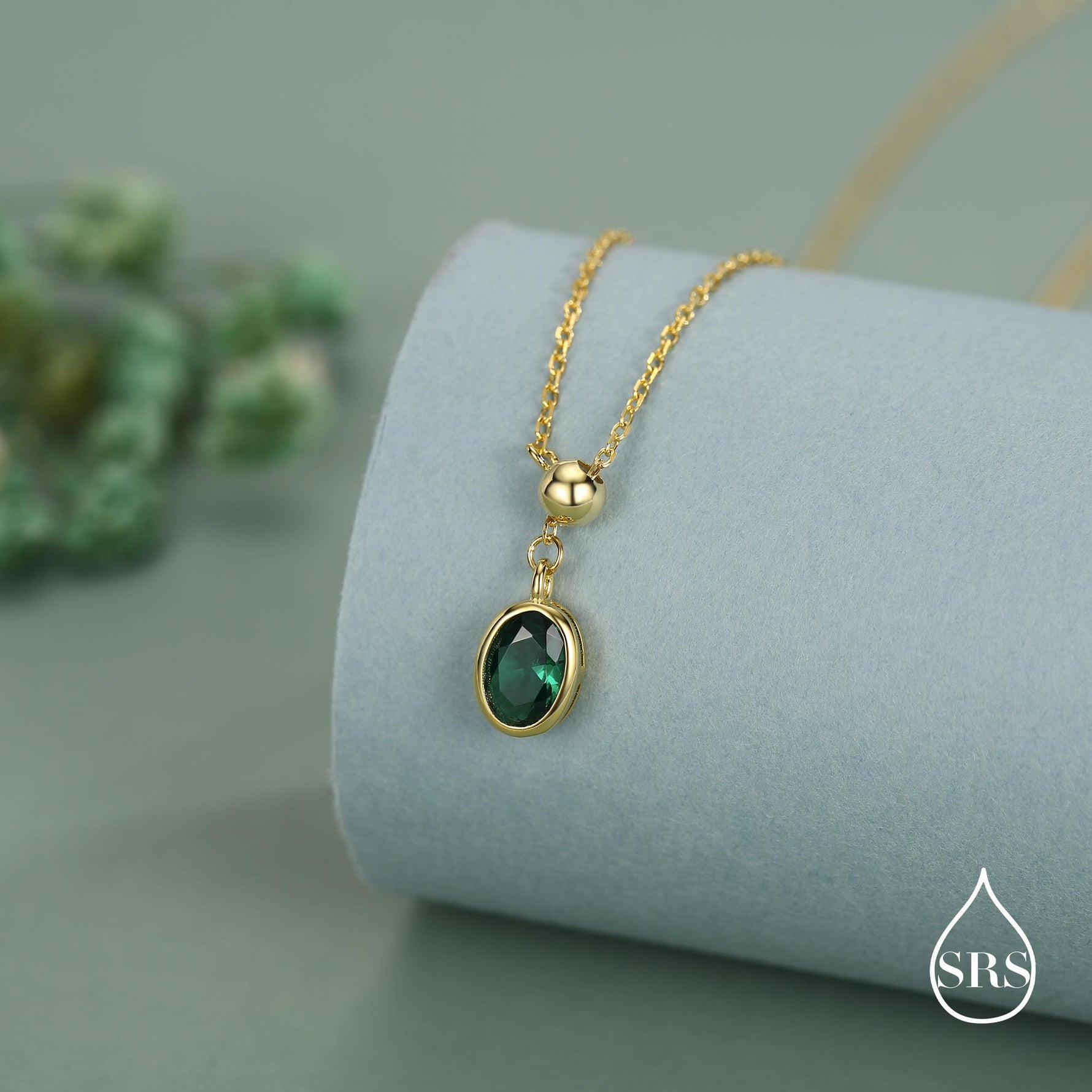 Delicate Emerald Green Oval CZ Lariat Pendant Necklace in Sterling Silver, Silver or Gold, Minimalist Oval Shape CZ Adjustable Necklace
