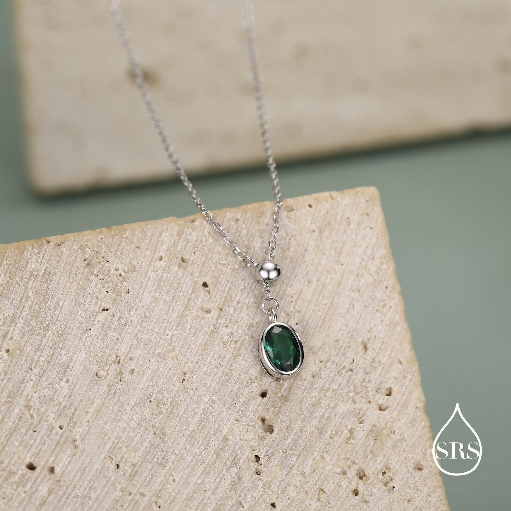 Delicate Emerald Green Oval CZ Lariat Pendant Necklace in Sterling Silver, Silver or Gold, Minimalist Oval Shape CZ Adjustable Necklace