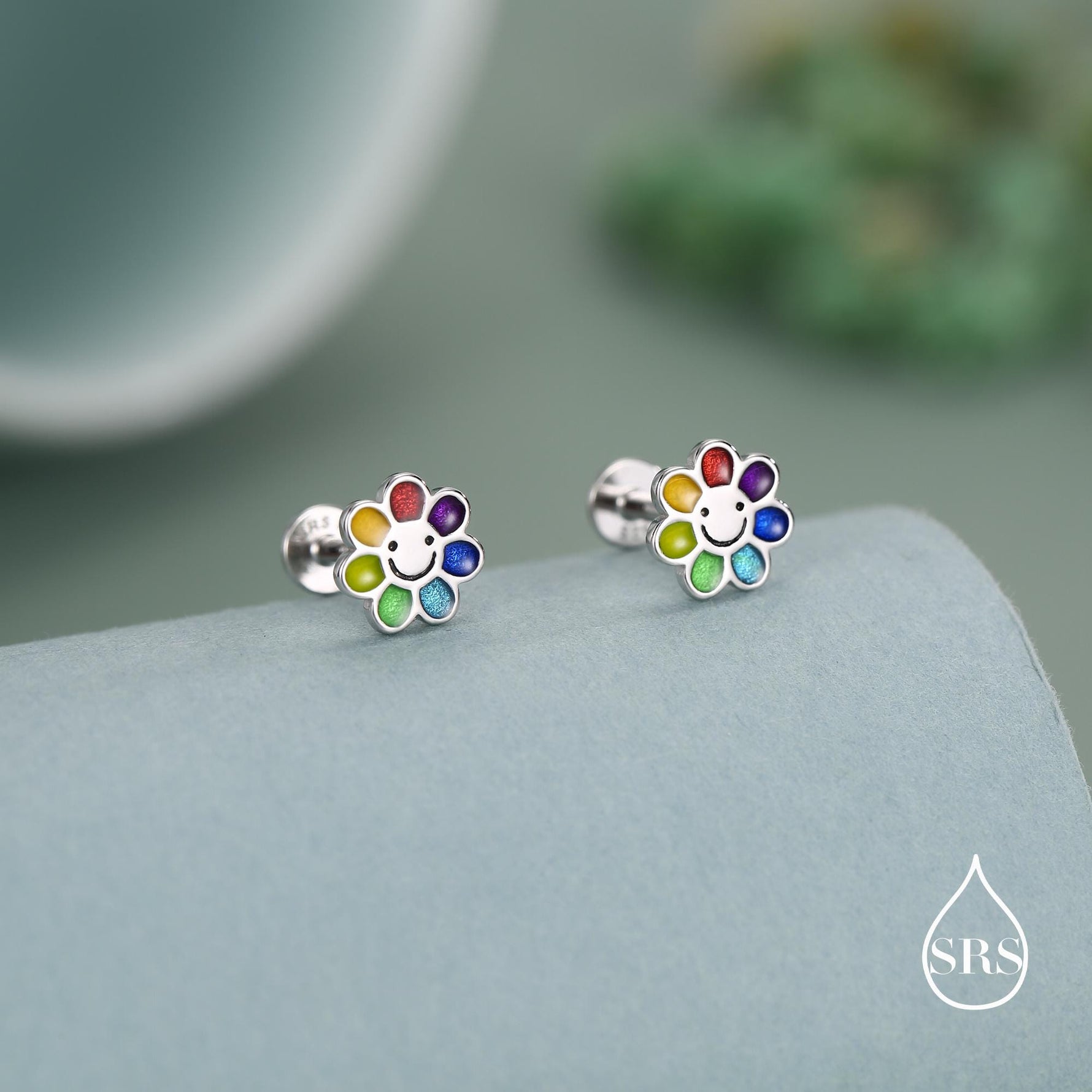 Rainbow Smiley Flower 16G Flat Back Stud Earrings