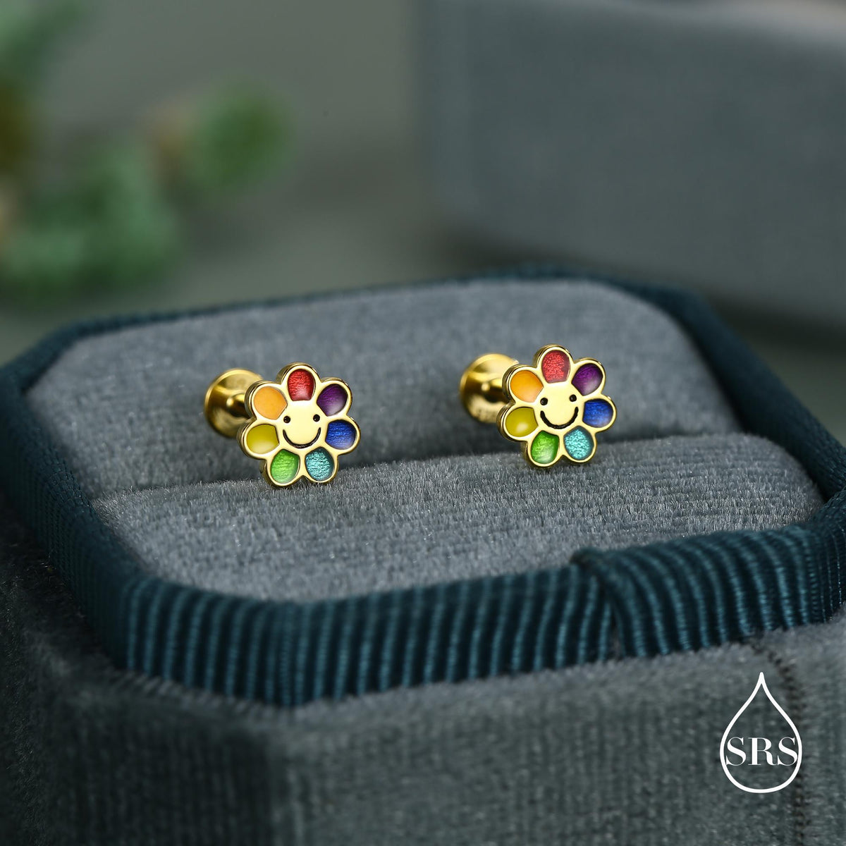 Rainbow Smiley Flower 16G Flat Back Stud Earrings