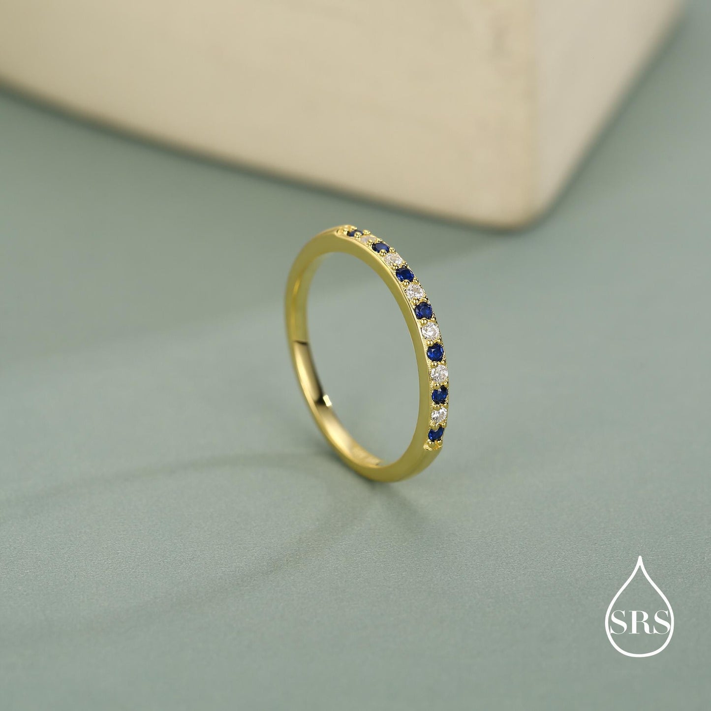 Sapphire Blue and Clear CZ Half Eternity Ring in Sterling Silver, Silver or Gold, Sapphire Blue CZ Skinny Ring, Stacking Ring US 5 - 8