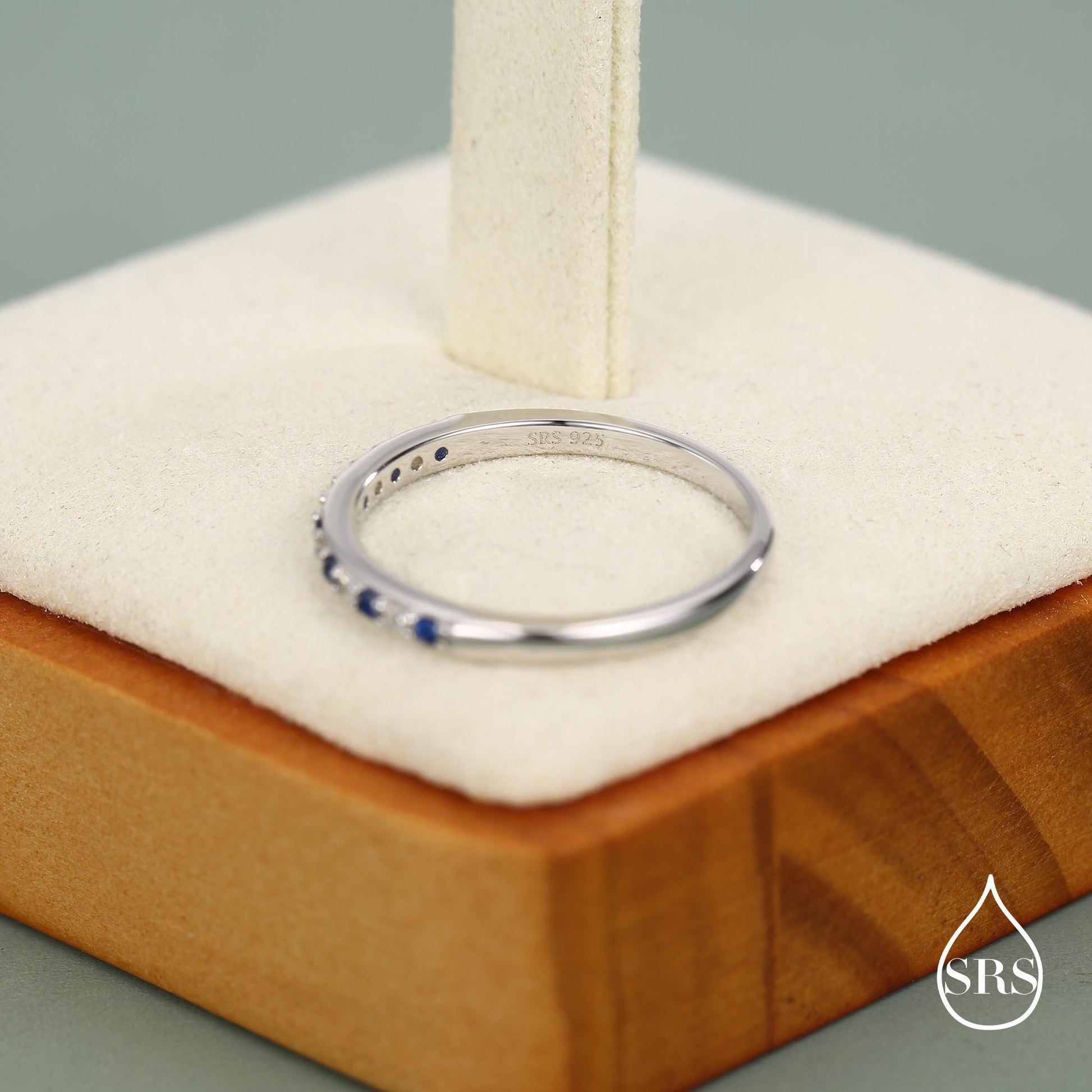 Sapphire Blue and Clear CZ Half Eternity Ring in Sterling Silver, Silver or Gold, Sapphire Blue CZ Skinny Ring, Stacking Ring US 5 - 8