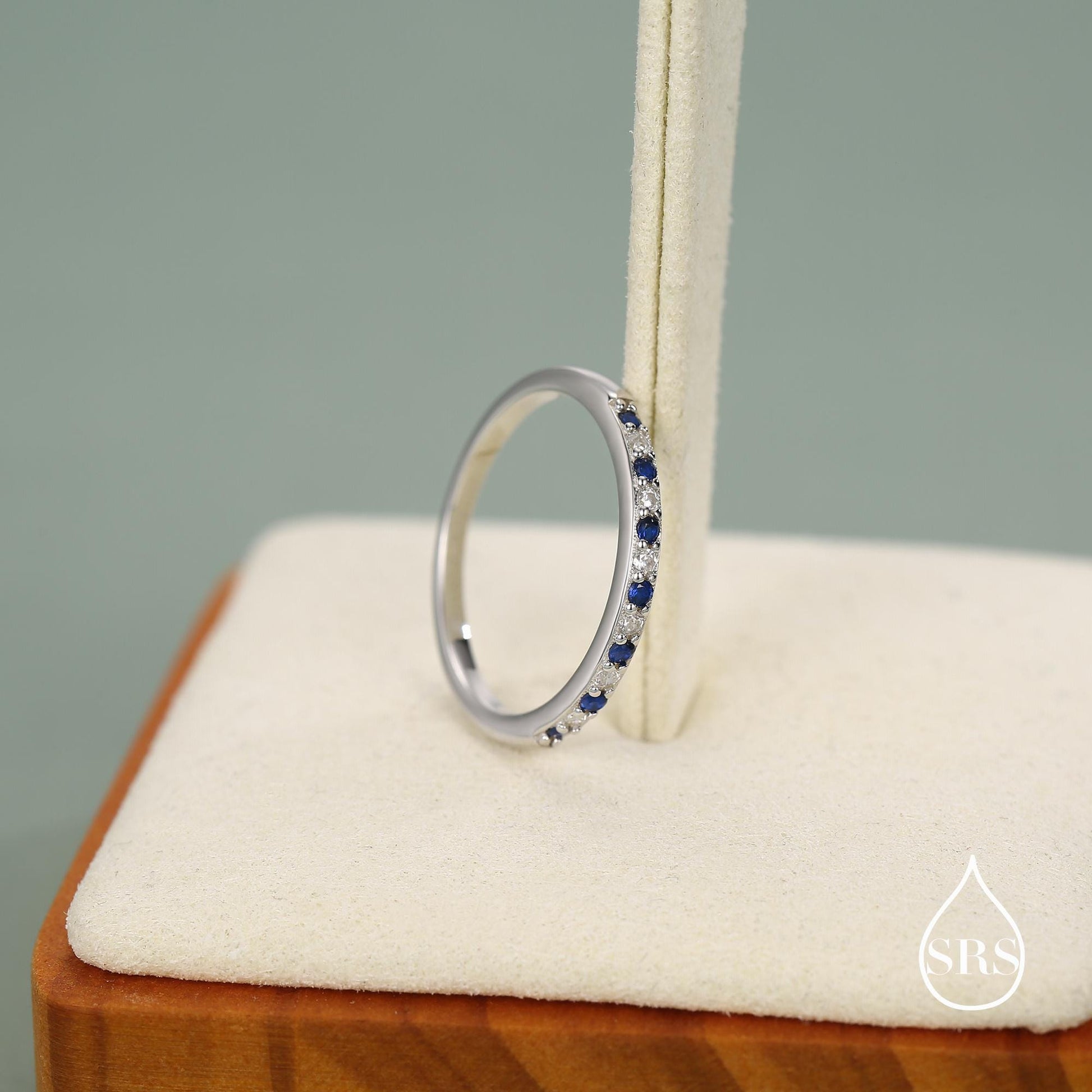 Sapphire Blue and Clear CZ Half Eternity Ring in Sterling Silver, Silver or Gold, Sapphire Blue CZ Skinny Ring, Stacking Ring US 5 - 8