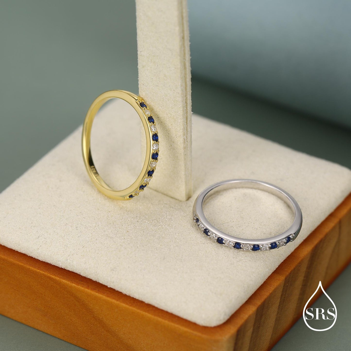 Sapphire Blue and Clear CZ Half Eternity Ring in Sterling Silver, Silver or Gold, Sapphire Blue CZ Skinny Ring, Stacking Ring US 5 - 8