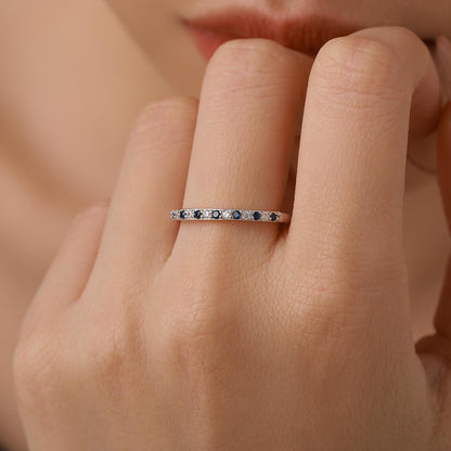 Sapphire Blue and Clear CZ Half Eternity Ring in Sterling Silver, Silver or Gold, Sapphire Blue CZ Skinny Ring, Stacking Ring US 5 - 8