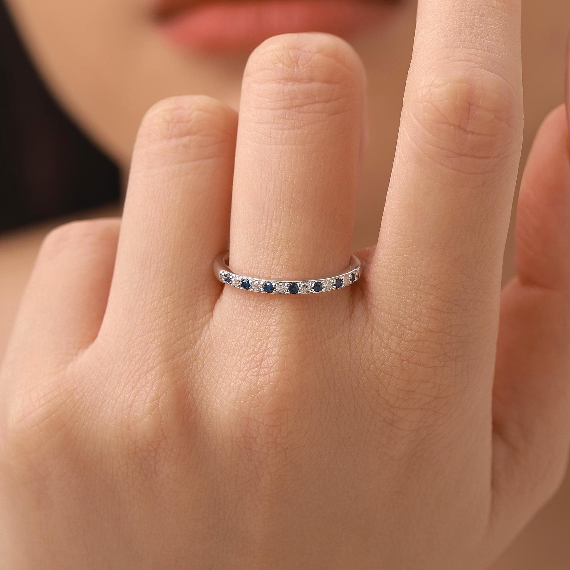 Sapphire Blue and Clear CZ Half Eternity Ring in Sterling Silver, Silver or Gold, Sapphire Blue CZ Skinny Ring, Stacking Ring US 5 - 8