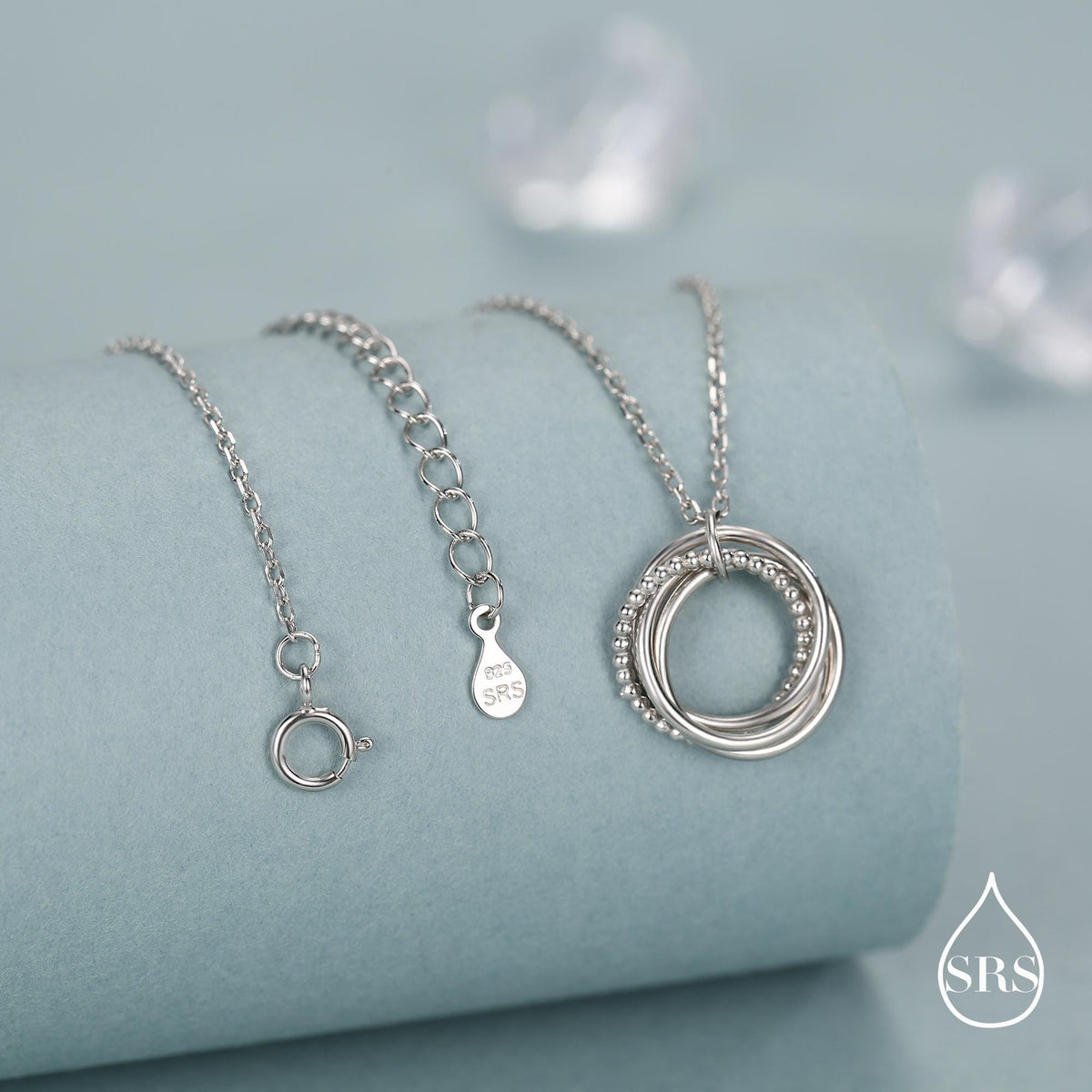 Sterling Silver Four Interlocking Circles Pendant Necklace with Dotted Details, Four Entwined Rings for 40s, 40th Infinity Necklace