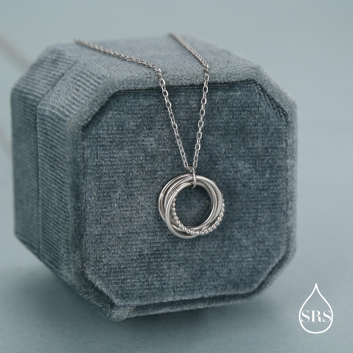 Sterling Silver Four Interlocking Circles Pendant Necklace with Dotted Details, Four Entwined Rings for 40s, 40th Infinity Necklace