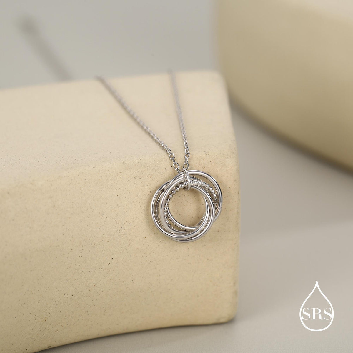 Sterling Silver 50s Birthday Necklace, Interlocking Circles Pendant Necklace, Dotted Details, Five Entwined Rings for 50s