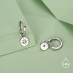 Starburst Disk Charm Huggie Hoop Earrings in Sterling Silver with Detachable Coin Charms, North Star Celestial Geometric Design