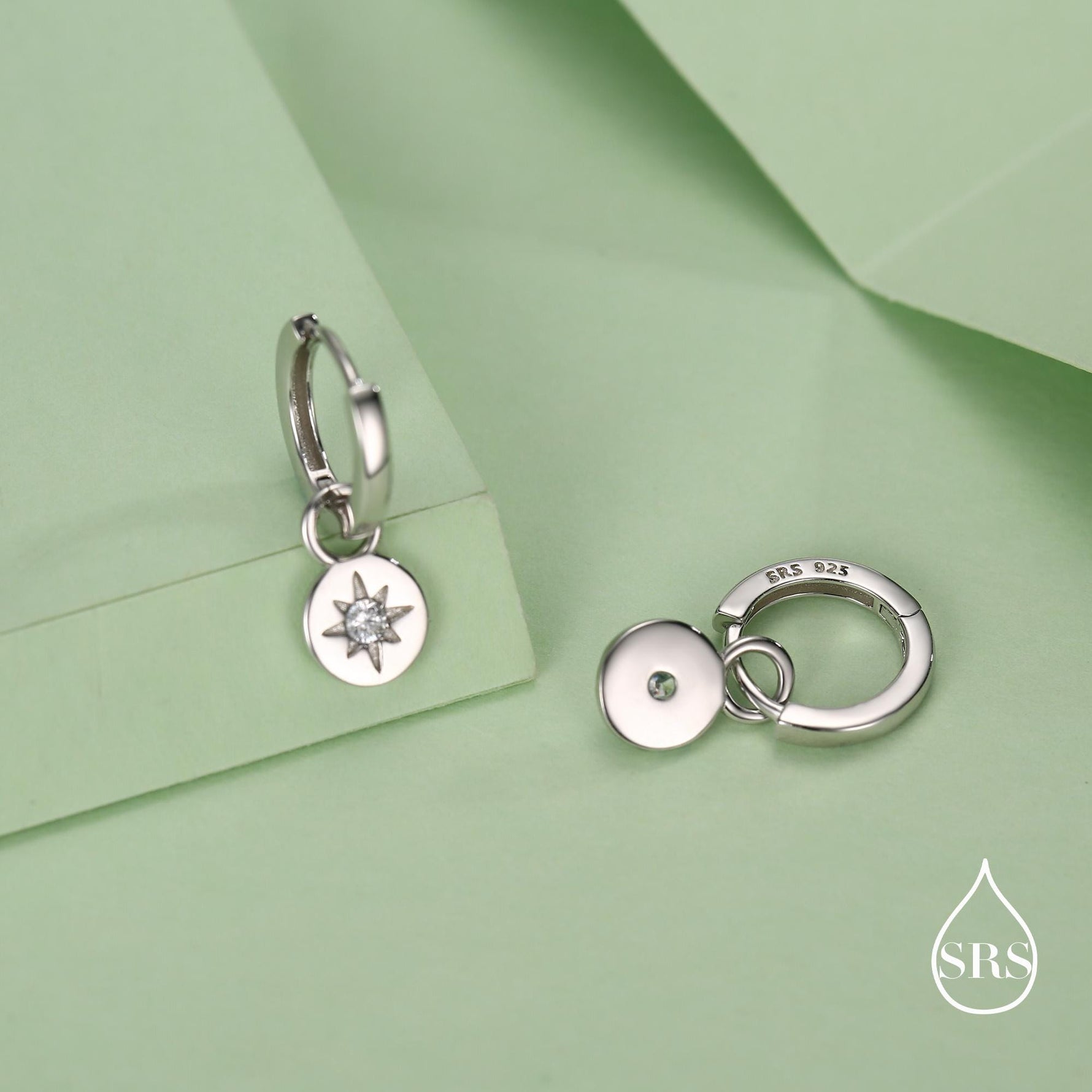 Starburst Disk Charm Huggie Hoop Earrings in Sterling Silver with Detachable Coin Charms, North Star Celestial Geometric Design