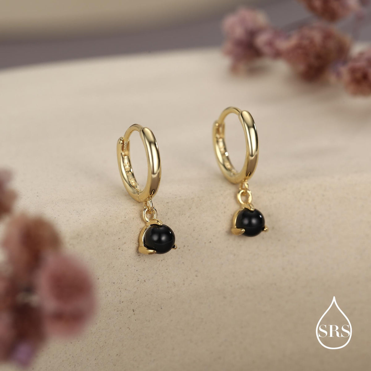 Sterling Silver 4mm Black Onyx Hoop Earrings, Natural Black Onyx Dangle Hoop Earrings, Silver or Gold