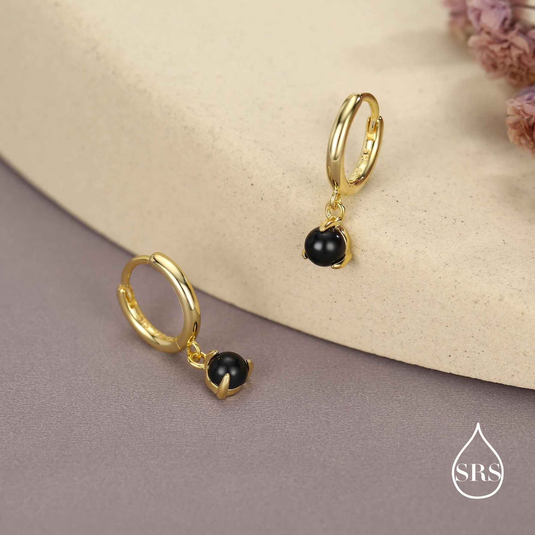 Sterling Silver 4mm Black Onyx Hoop Earrings, Natural Black Onyx Dangle Hoop Earrings, Silver or Gold