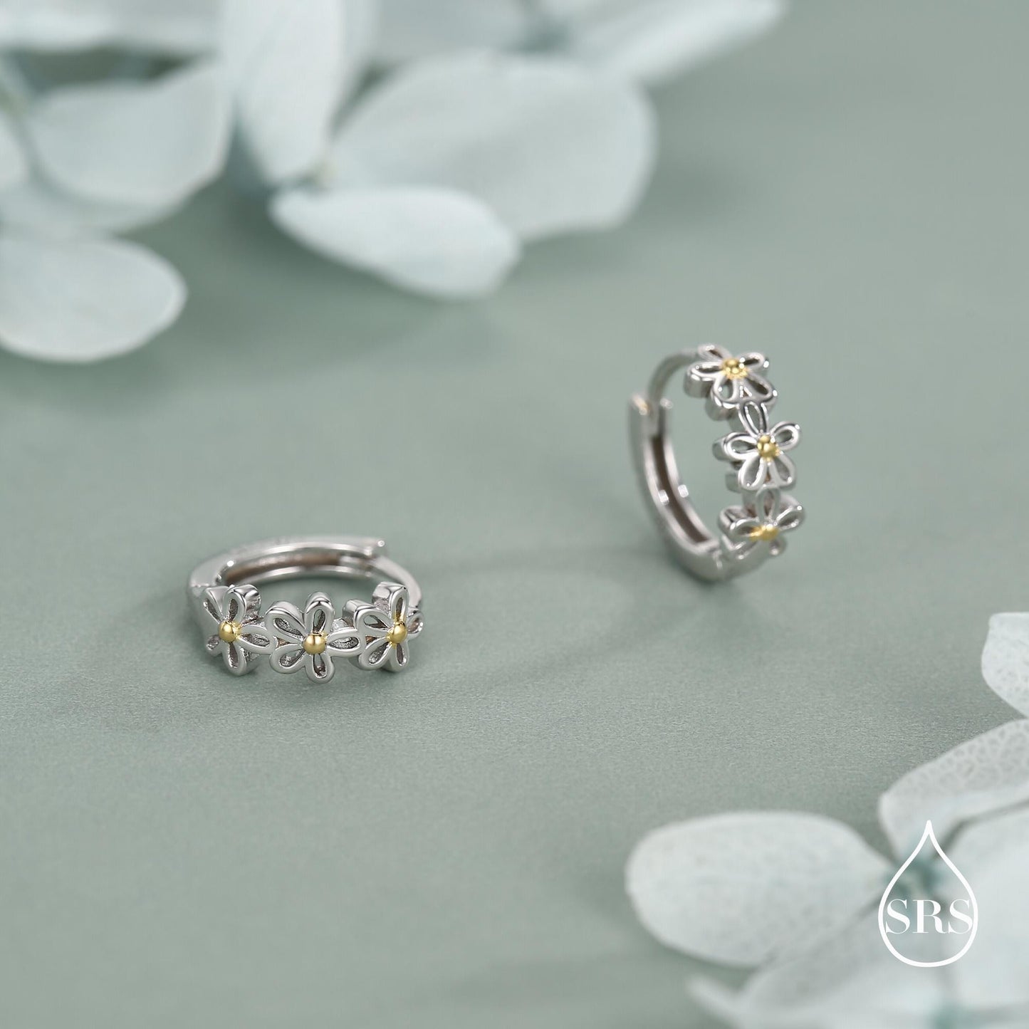 Sterling Silver Two Tone Daisy Huggie Hoop Earrings