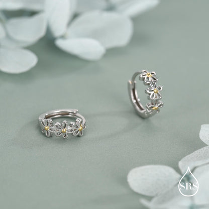 Sterling Silver Two Tone Daisy Huggie Hoop Earrings