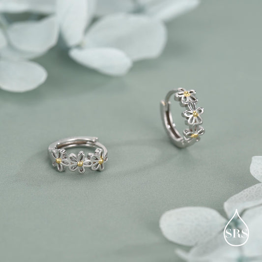 Sterling Silver Two Tone Daisy Huggie Hoop Earrings