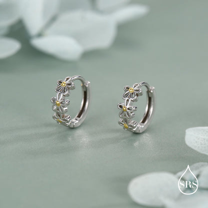 Sterling Silver Two Tone Daisy Huggie Hoop Earrings