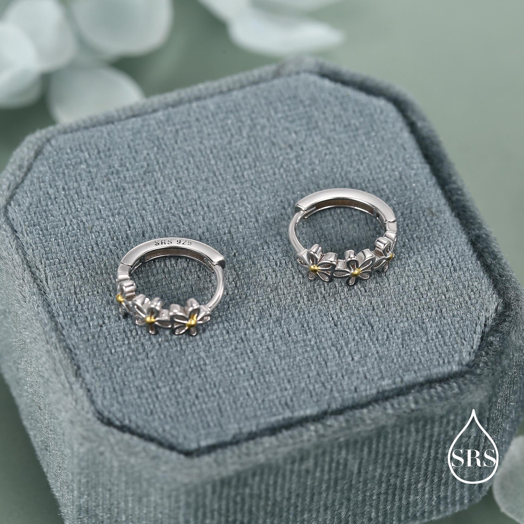 Sterling Silver Two Tone Daisy Huggie Hoop Earrings