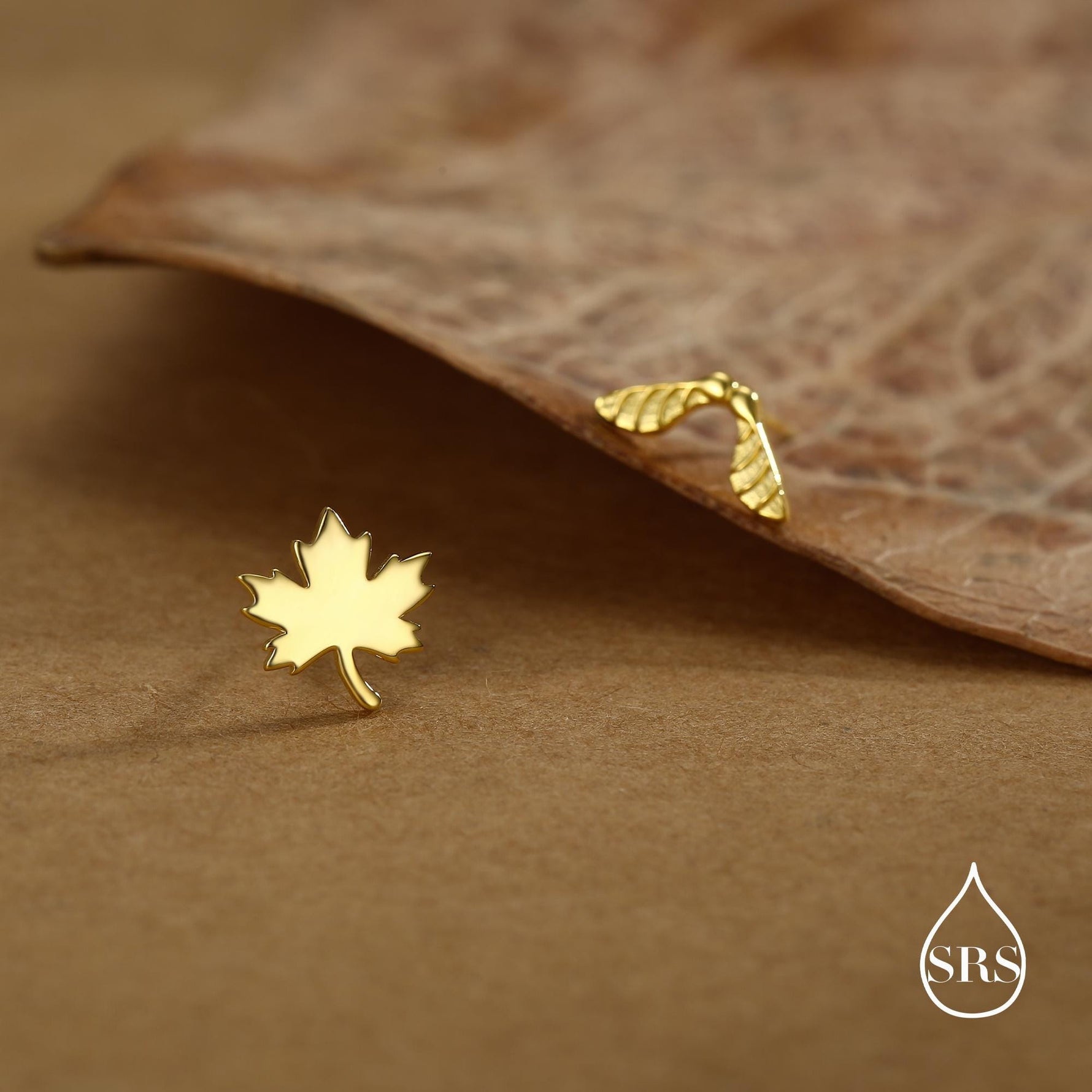 Mismatched Maple Seed & Maple Leaf Stud Earrings In Sterling Silver – Nature Inspired Asymmetric Sycamore Earrings, Botanical Jewellery