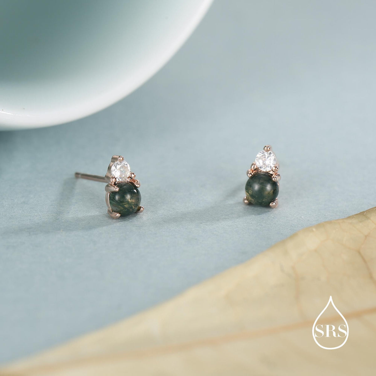 Sterling Silver Natural Moss Agate and CZ Stud Earrings