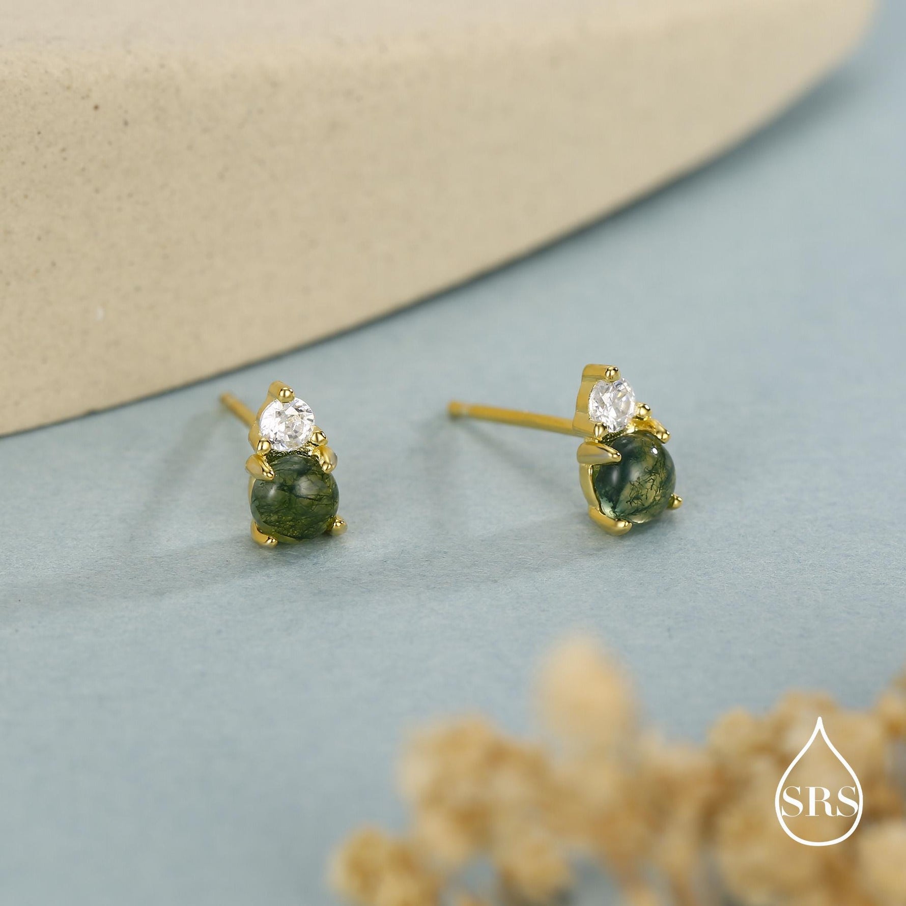 Sterling Silver Natural Moss Agate and CZ Stud Earrings
