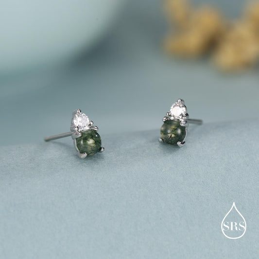 Sterling Silver Natural Moss Agate and CZ Stud Earrings