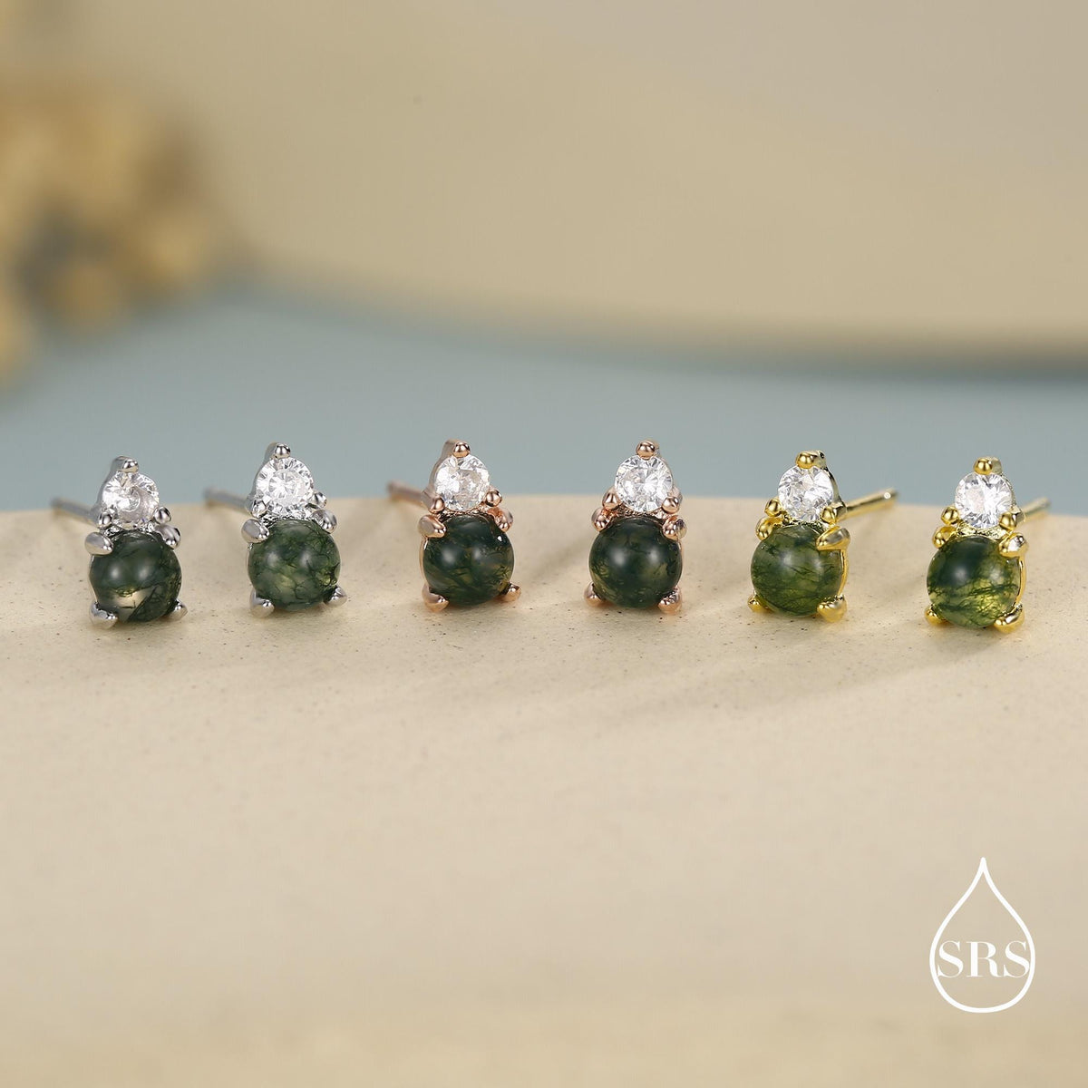 Sterling Silver Natural Moss Agate and CZ Stud Earrings