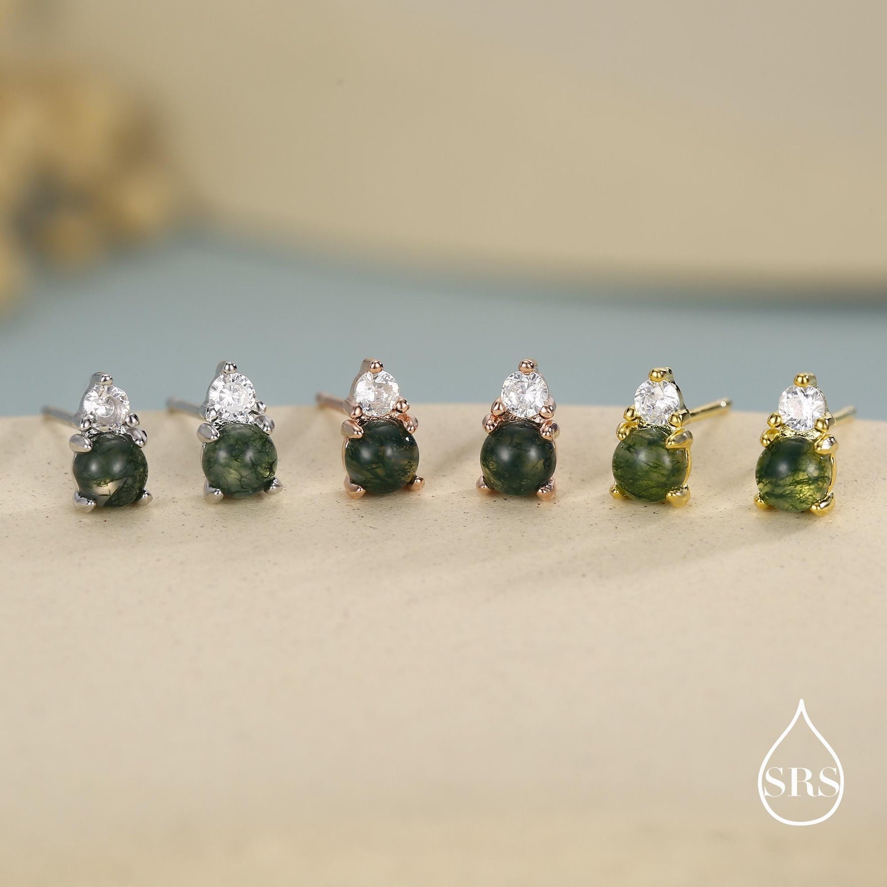 Sterling Silver Natural Moss Agate and CZ Stud Earrings
