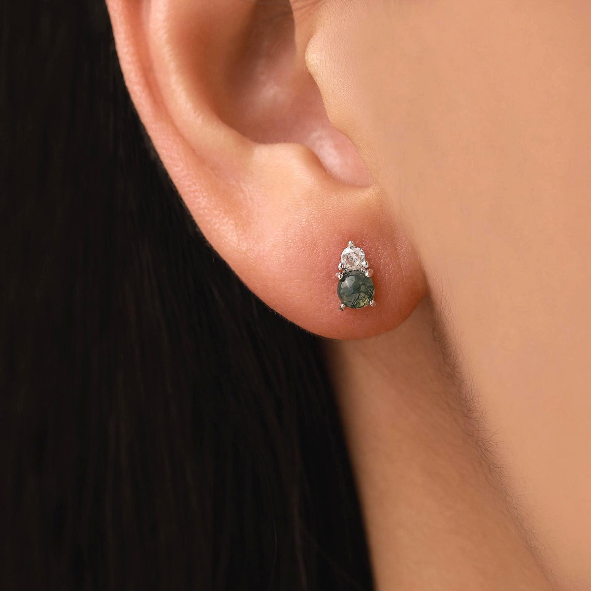 Sterling Silver Moss Agate and CZ 16G Flat Back Labret Earrings